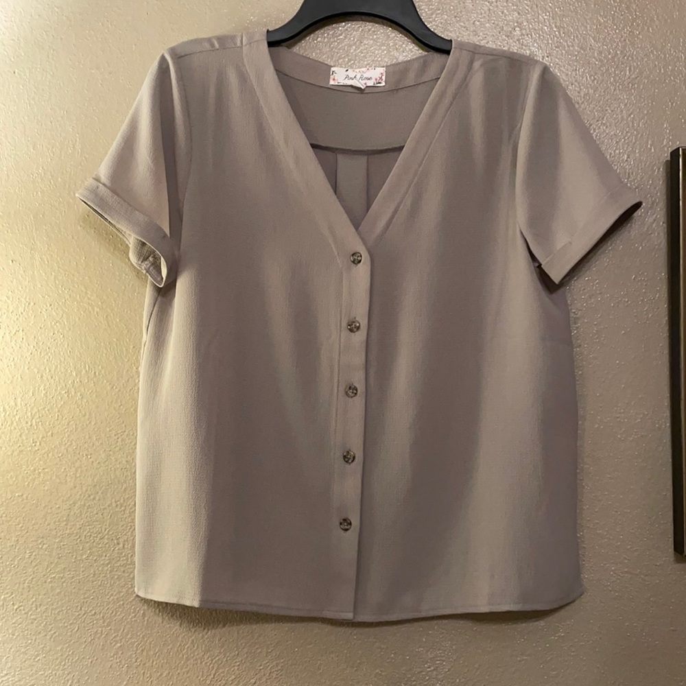 Pink Rose size M light olive green button down tunic top, flattering fit